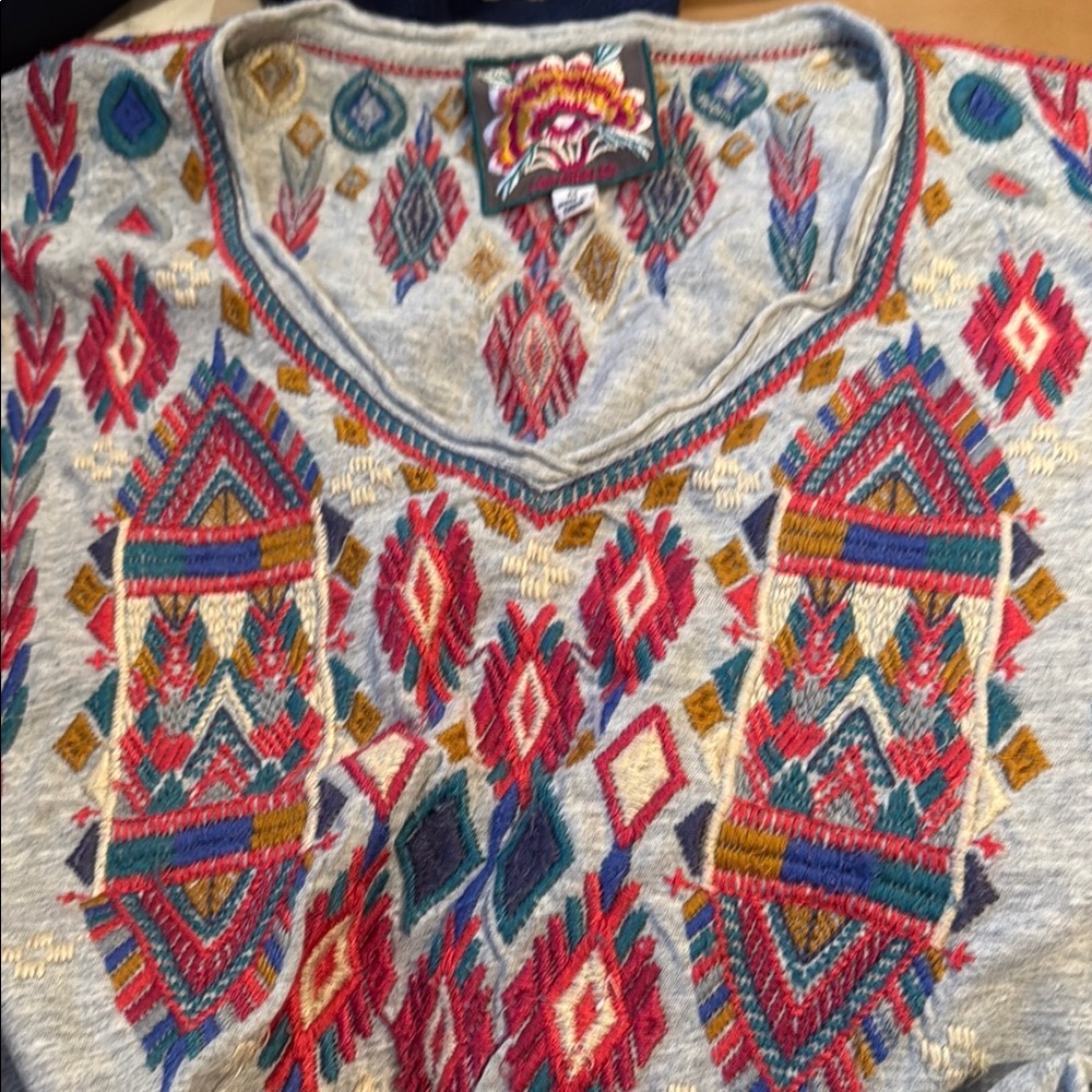 Johnny Was Colorful Embroidered V-Neck top